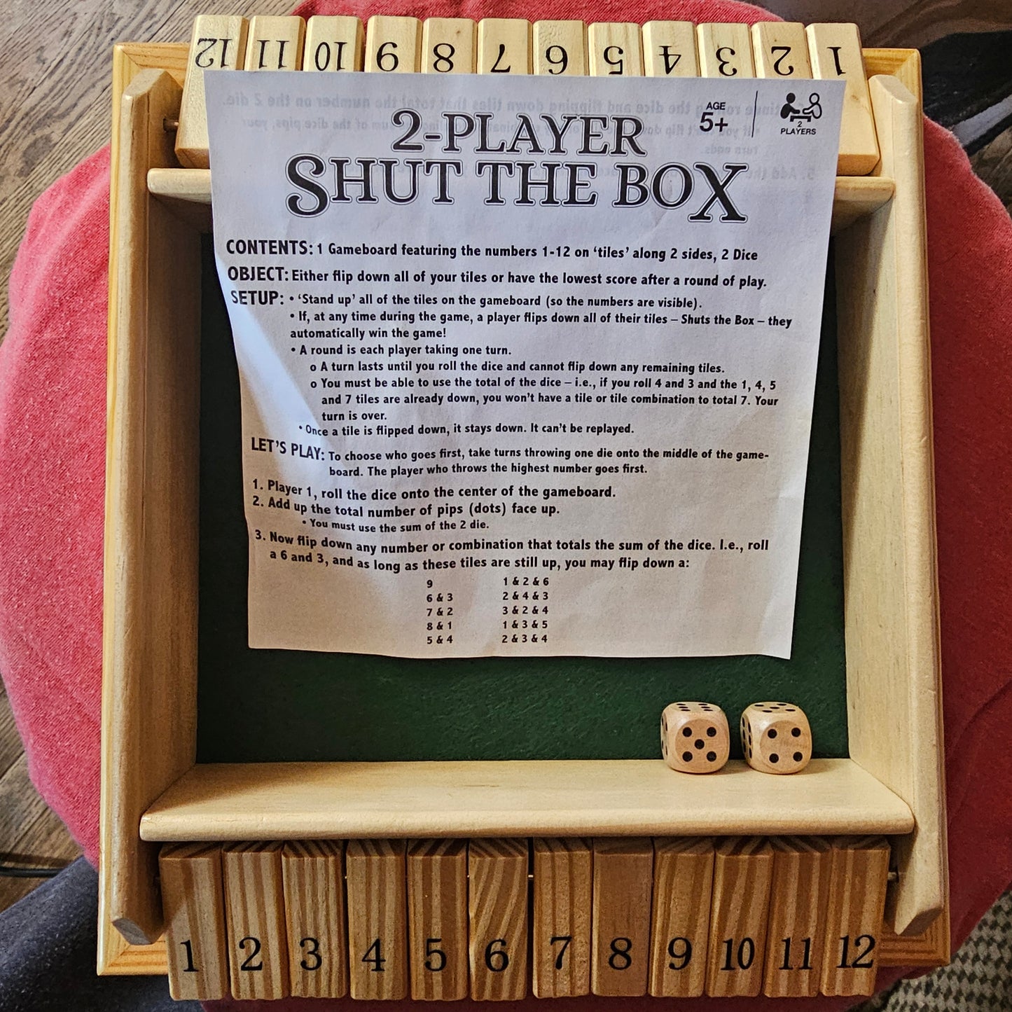 Shut The Box 2-Player Wooden Game Set 12-Number Tiles & Dice Cardinal Industries