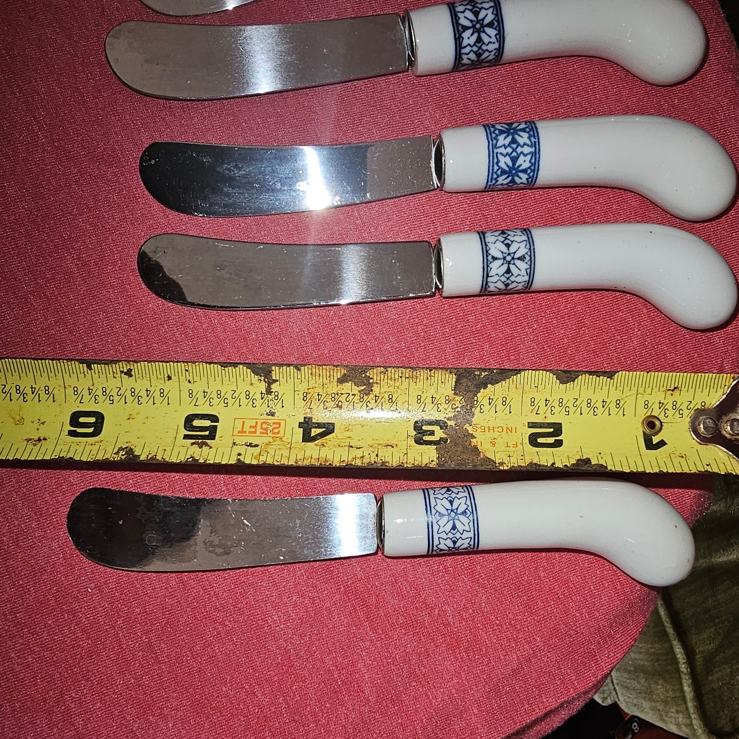 Vintage Blue & White Ceramic Handle Butter Spreaders Set of 6 with Wood Block - Stainless Steel Appetizer Knives - Cottagecore Kitchen Decor
