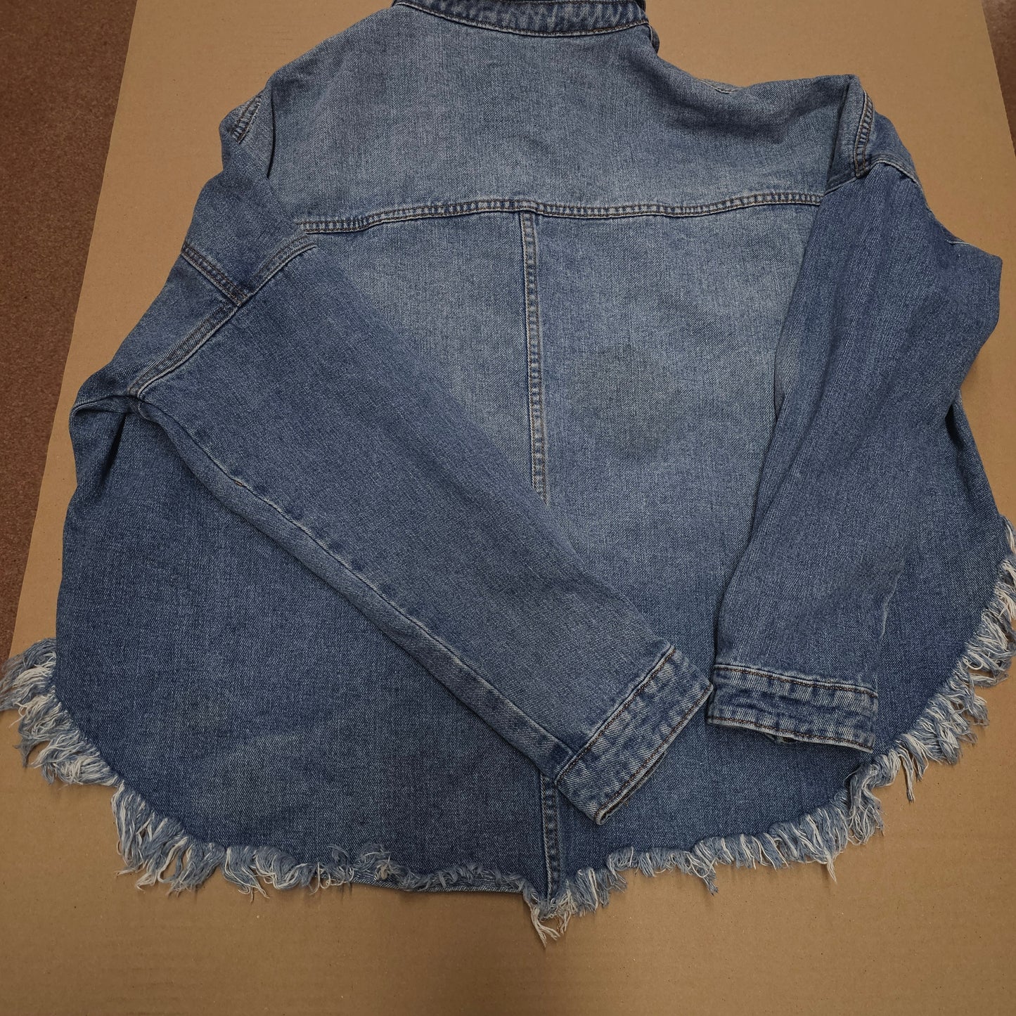 BBJ Los Angeles Denim Jacket Women's XL Blue High Low Frayed Hem Crop Shacket