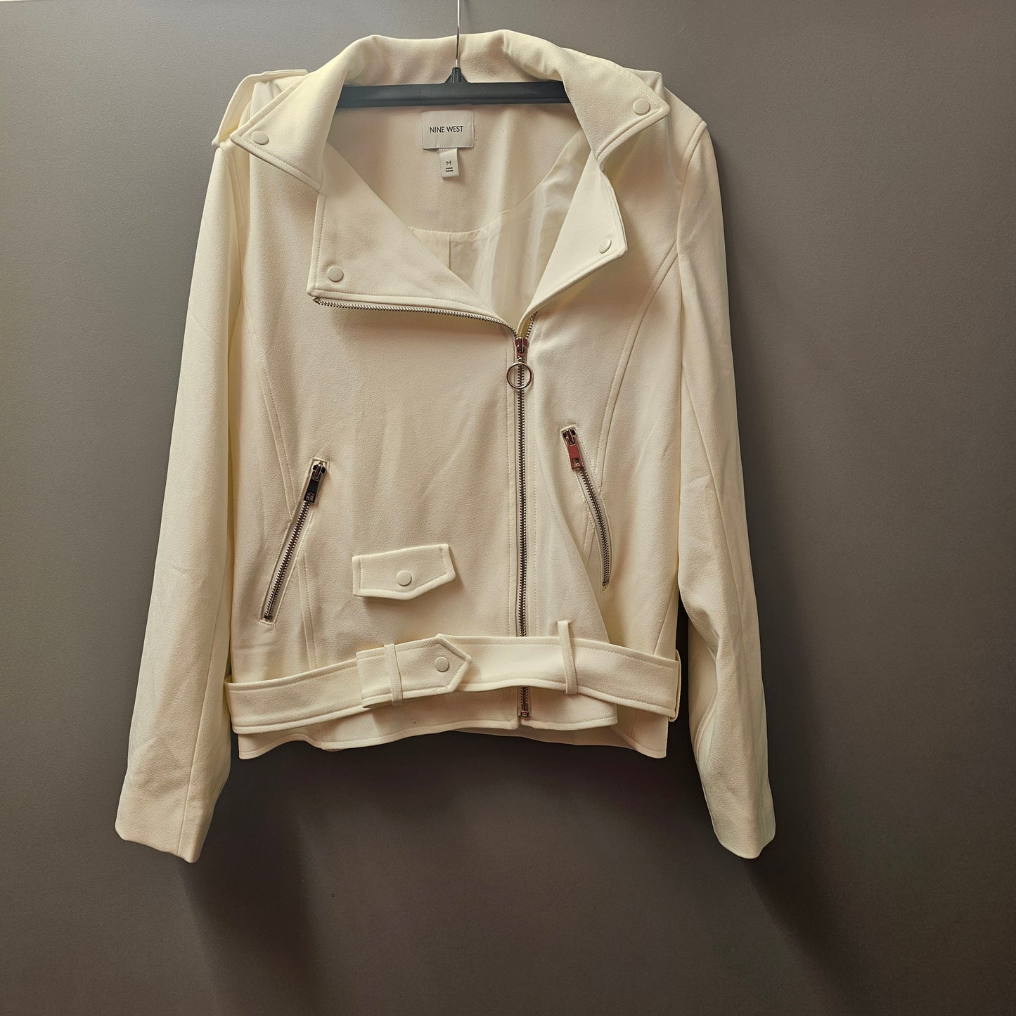 Nine West Women’s Cream Moto Jacket - Size Medium - Faux Suede Belted Biker Styl