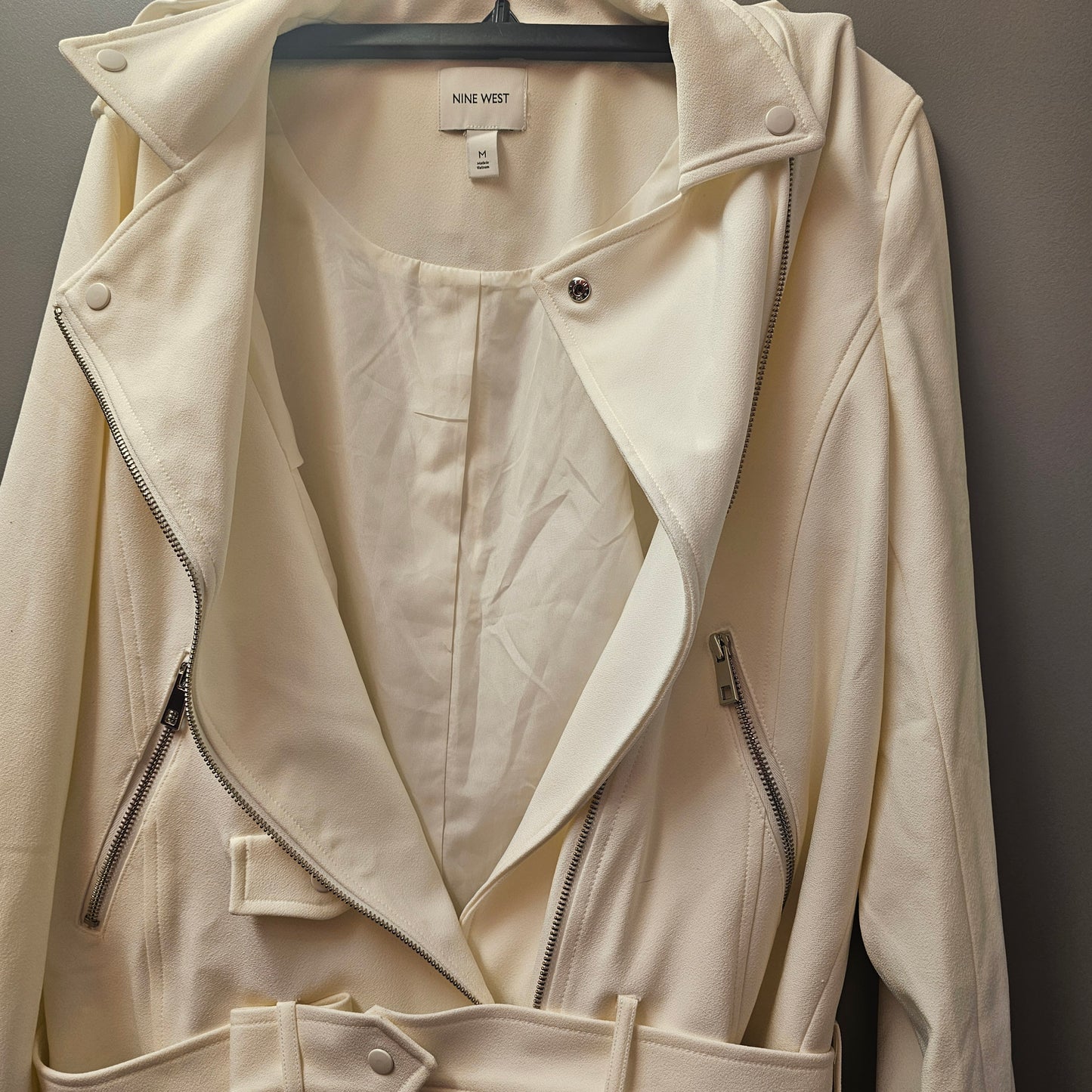 Nine West Women’s Cream Moto Jacket - Size Medium - Faux Suede Belted Biker Styl