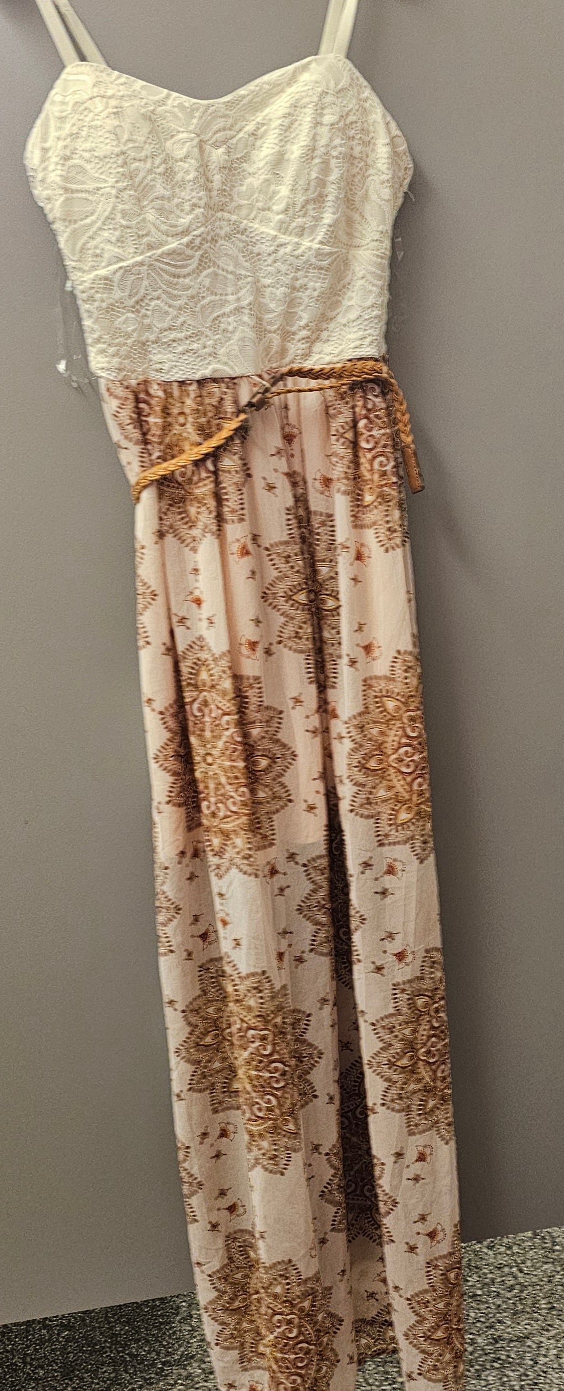 AUW White Lace Bodice Mandala Print Maxi Dress with Braid Belt Medium
