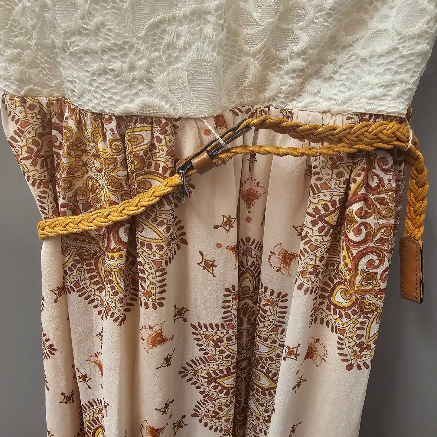 AUW White Lace Bodice Mandala Print Maxi Dress with Braid Belt Medium
