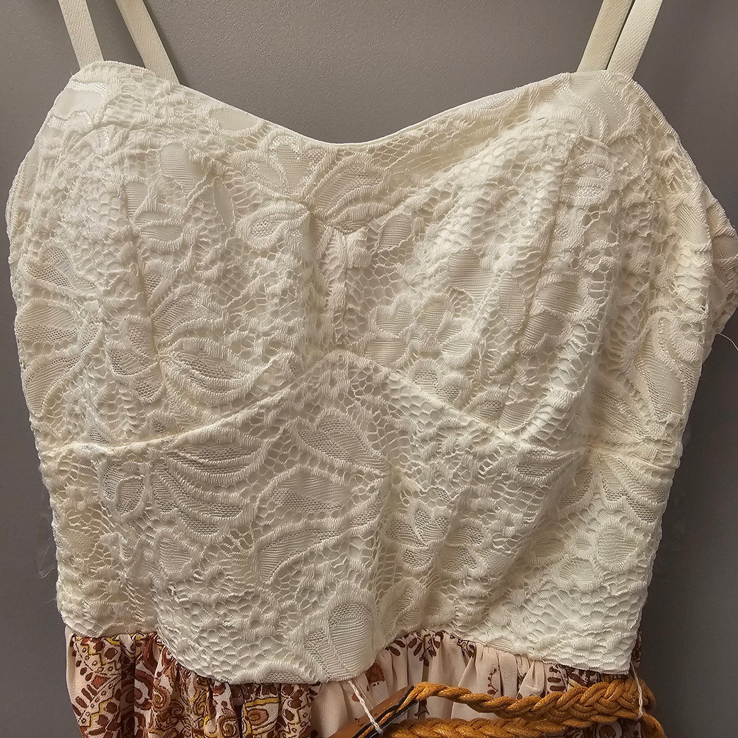 AUW White Lace Bodice Mandala Print Maxi Dress with Braid Belt Medium