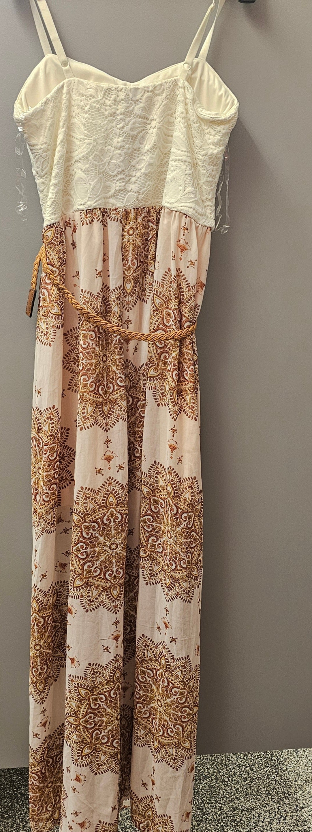 AUW White Lace Bodice Mandala Print Maxi Dress with Braid Belt Medium