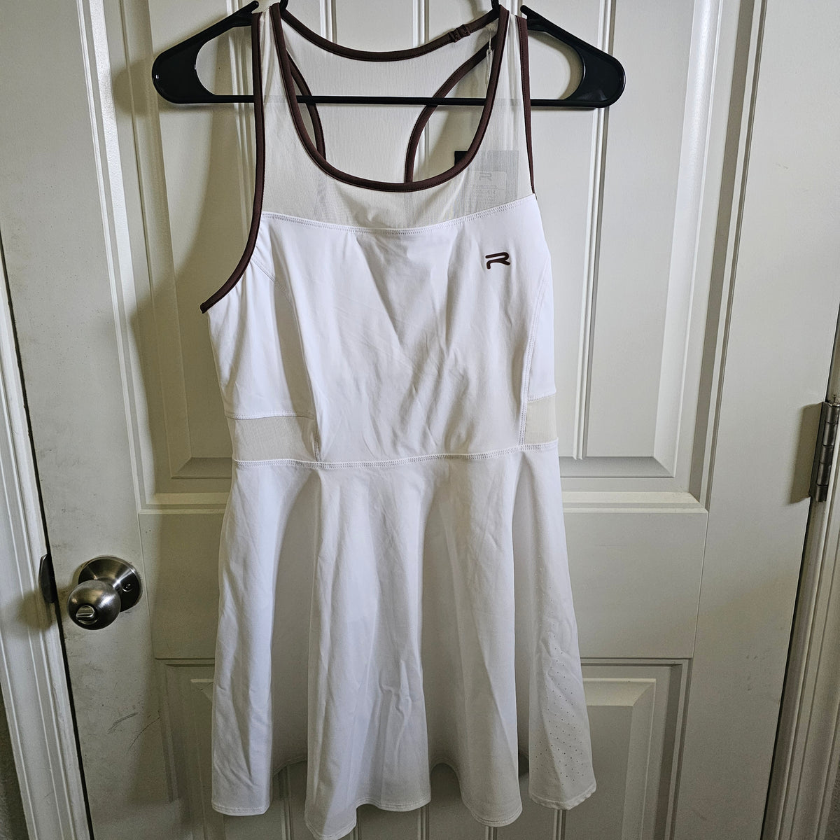 Ramsports Racer Flare Dress | White & Brown Tennis Pickleball Dress activewear size M