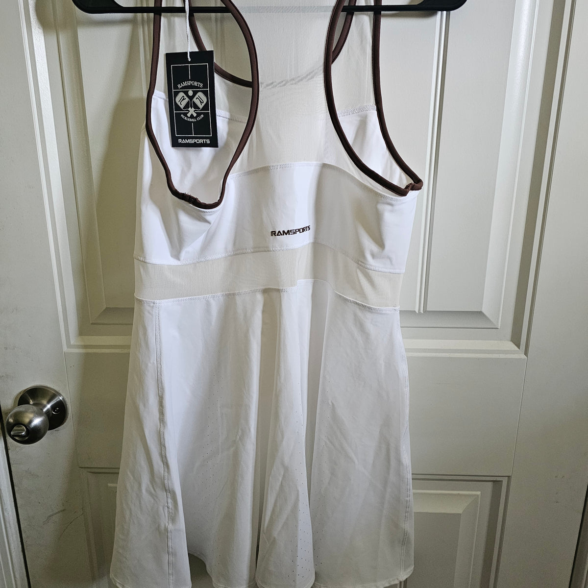 Ramsports Racer Flare Dress | White & Brown Tennis Pickleball Dress activewear size M
