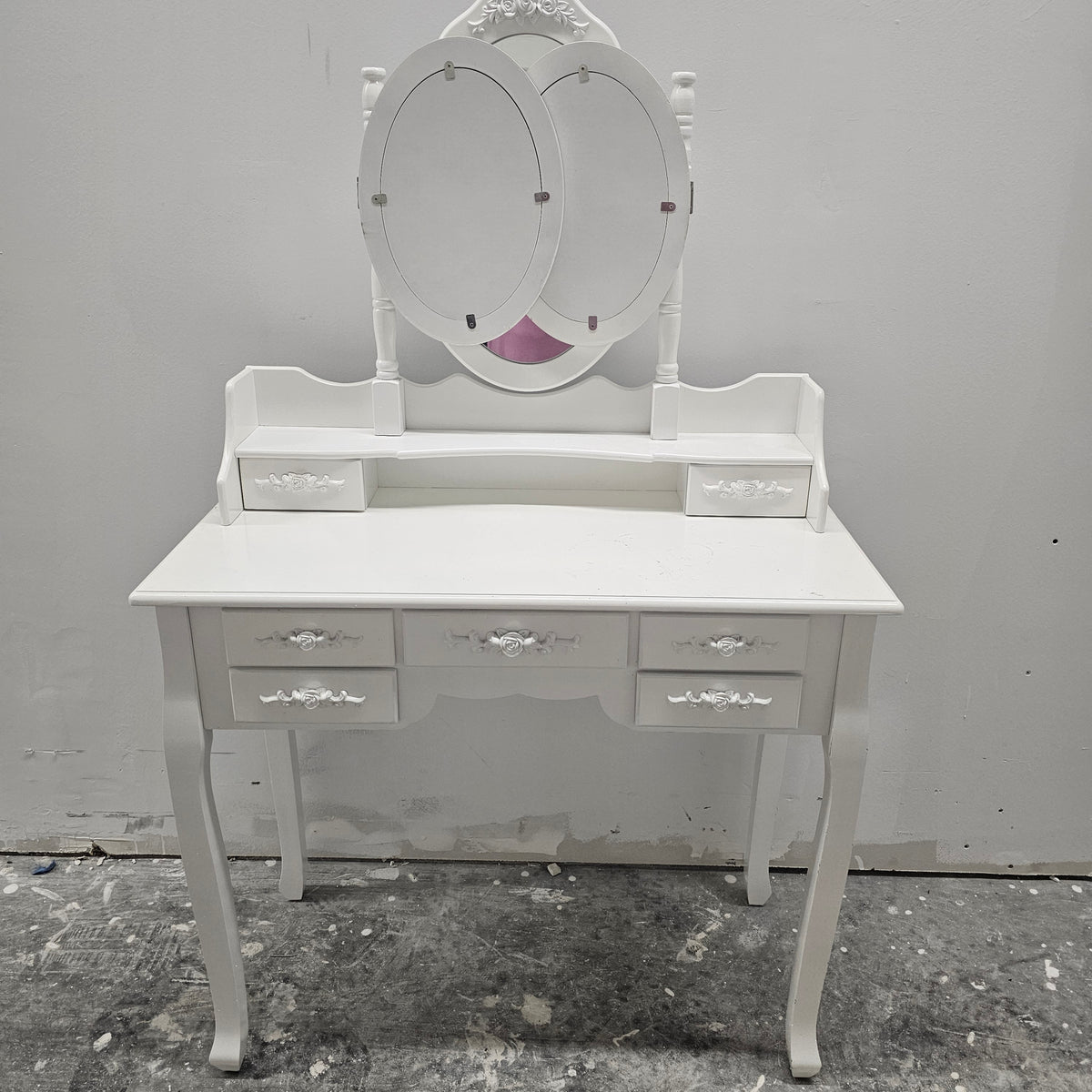French Country White Makeup Vanity Desk Set – Tri-Fold Oval Mirrors & 7 Floral Storage Drawers