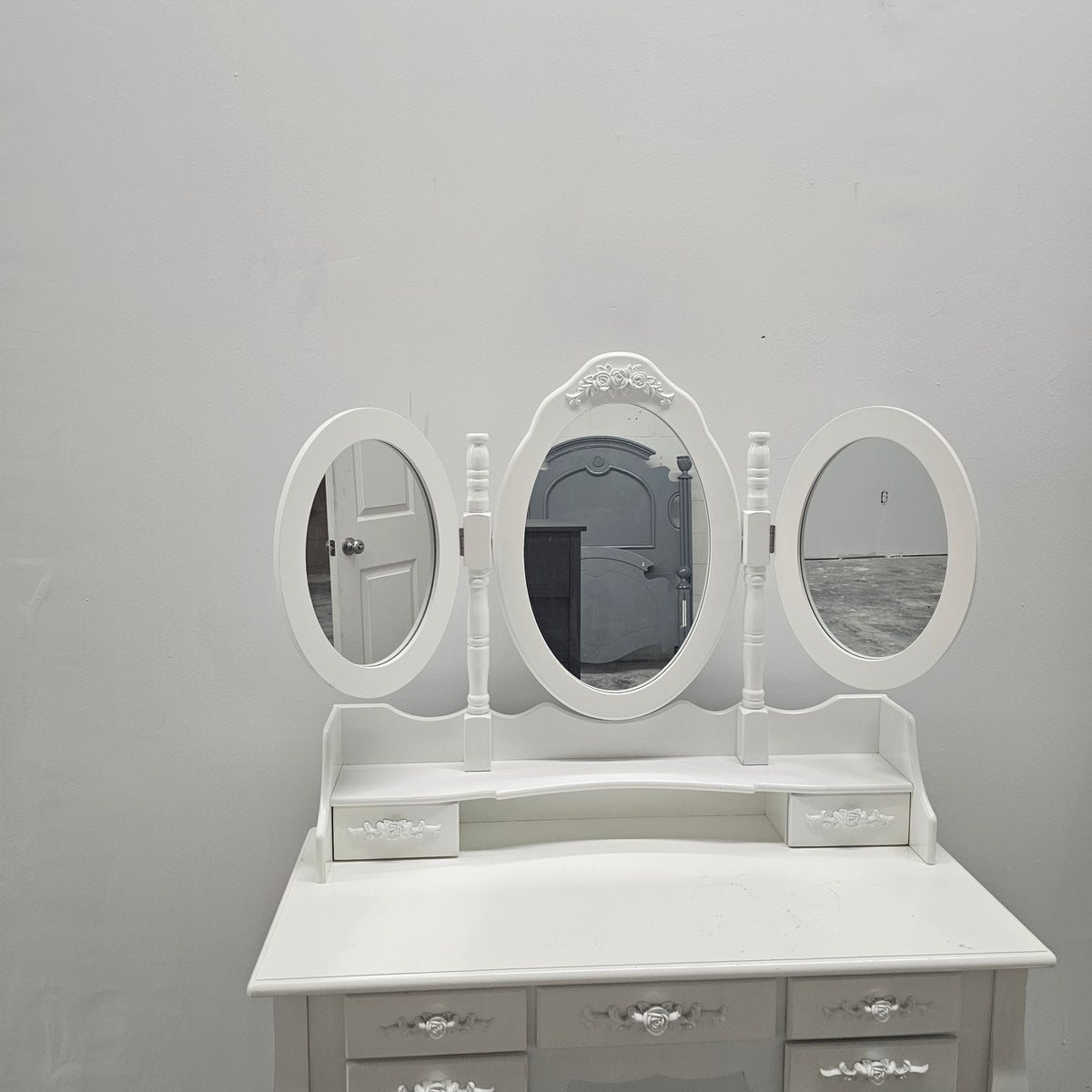French Country White Makeup Vanity Desk Set – Tri-Fold Oval Mirrors & 7 Floral Storage Drawers
