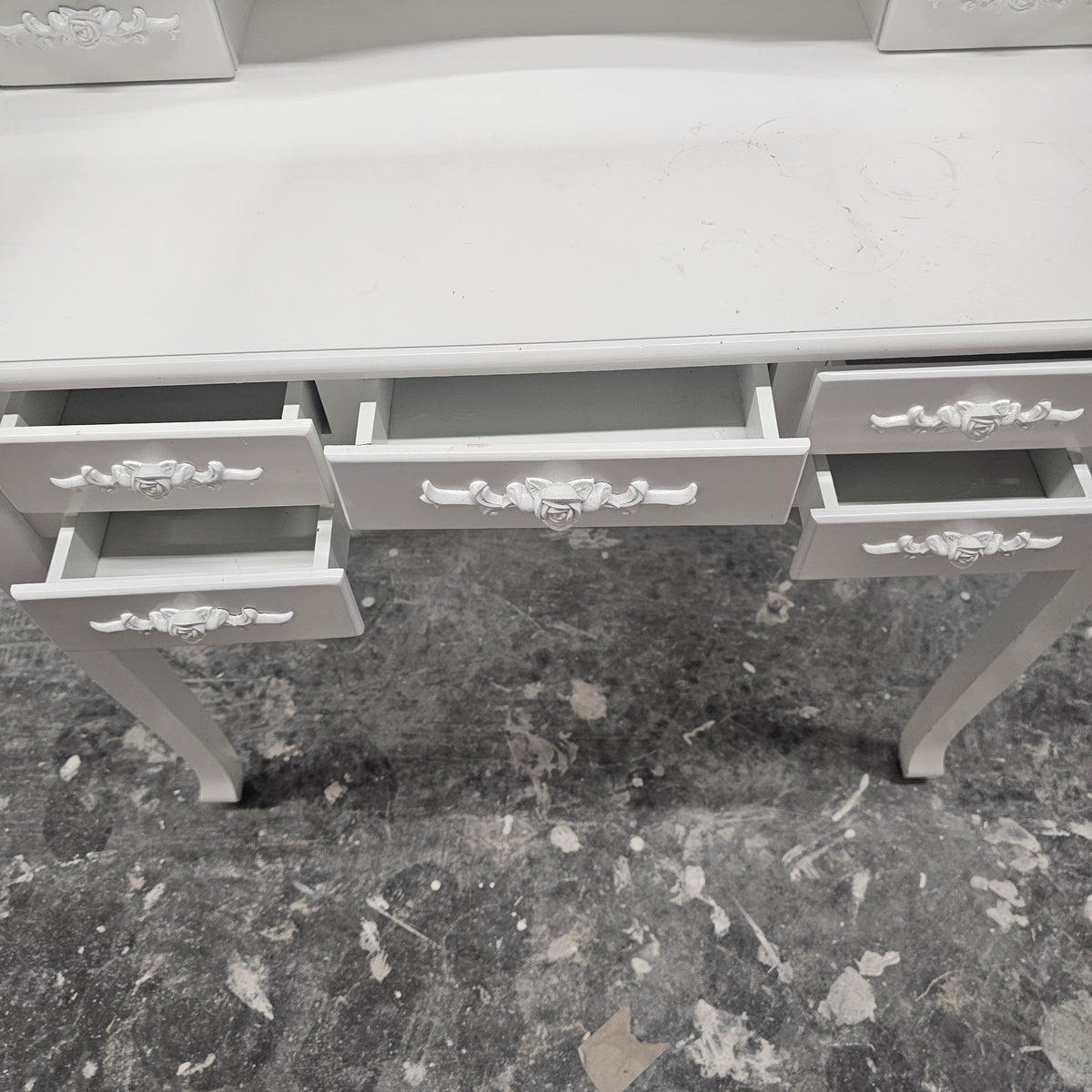 French Country White Makeup Vanity Desk Set – Tri-Fold Oval Mirrors & 7 Floral Storage Drawers