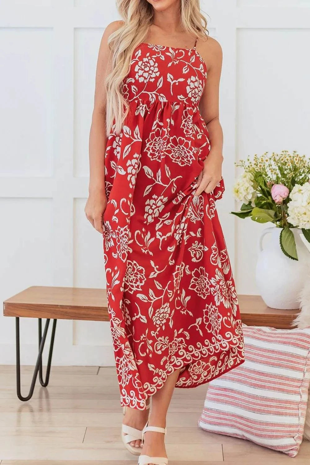 Floral Printed Spaghetti Strap Empire Waist Maxi Dress