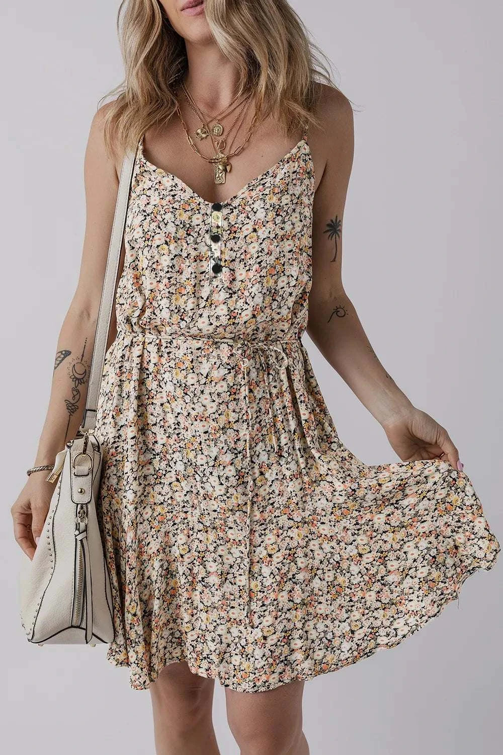 Boho Floral Printed Tie Waist Flared Sundress