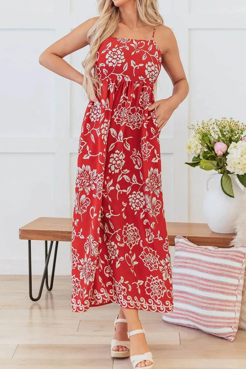 Floral Printed Spaghetti Strap Empire Waist Maxi Dress