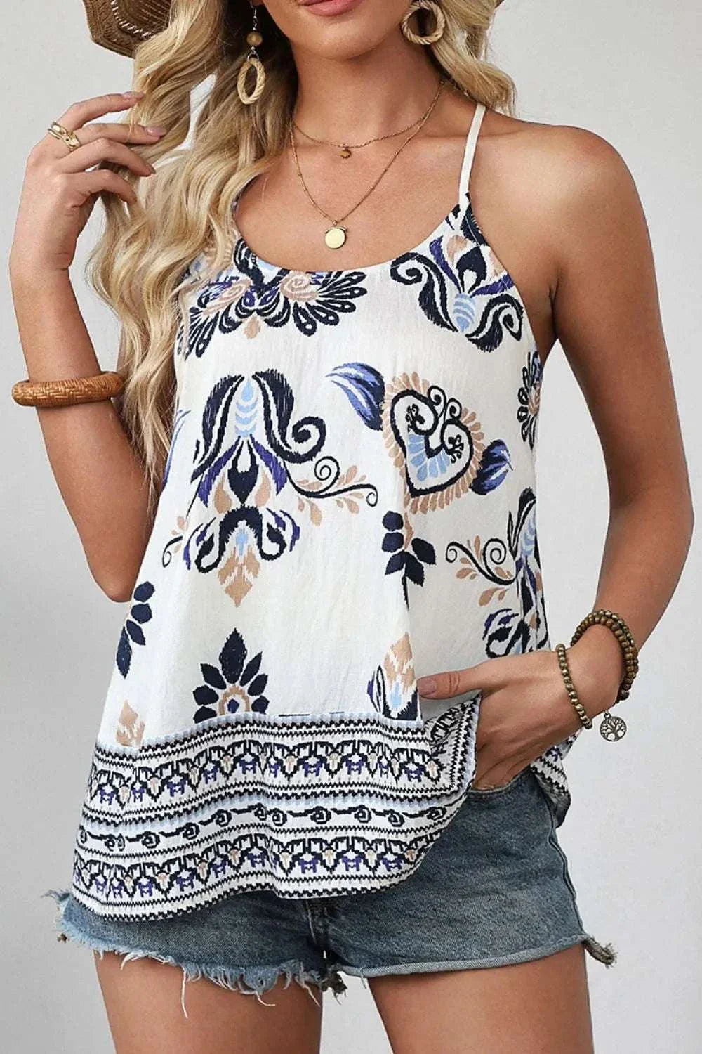 Bohemian fashion loose tank top with spaghetti straps and floral print
