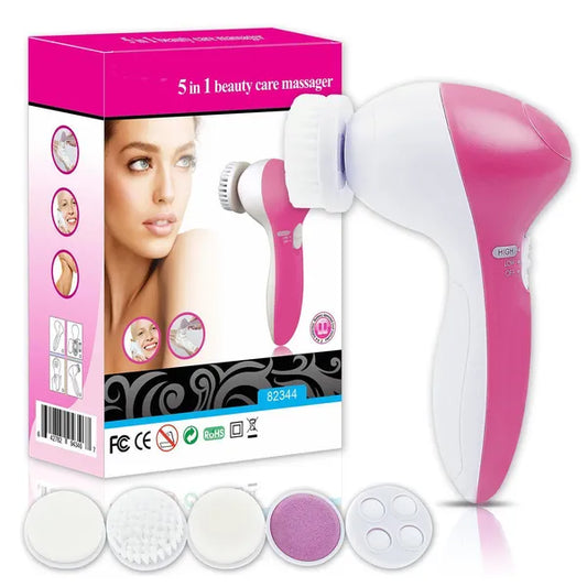Deep Clean Electric Facial Cleaner with 5 interchangeable attachments for cleansing, massaging, and exfoliating skin.