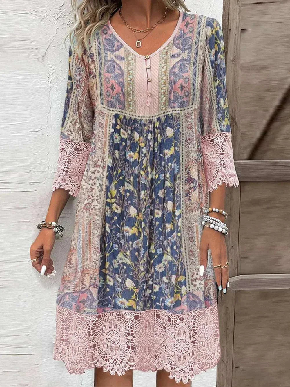 Full size lace detail printed three-quarter sleeve dress with floral pattern and pink lace trim