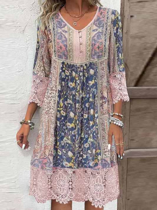 Full size lace detail printed three-quarter sleeve dress with floral pattern and pink lace trim