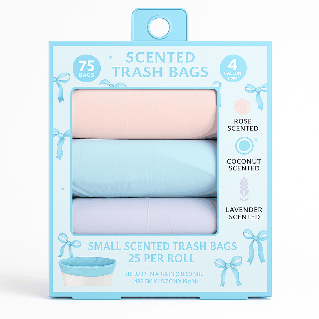 Scented small trash bags pack with 75 bags in rose, coconut, and lavender scents for 4-gallon bins.