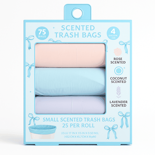 Scented small trash bags pack with 75 bags in rose, coconut, and lavender scents for 4-gallon bins.