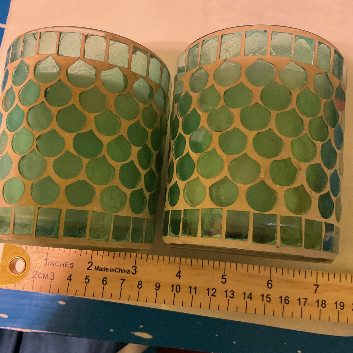 Mosaic Glass Candles – Turquoise & White (Set of 2