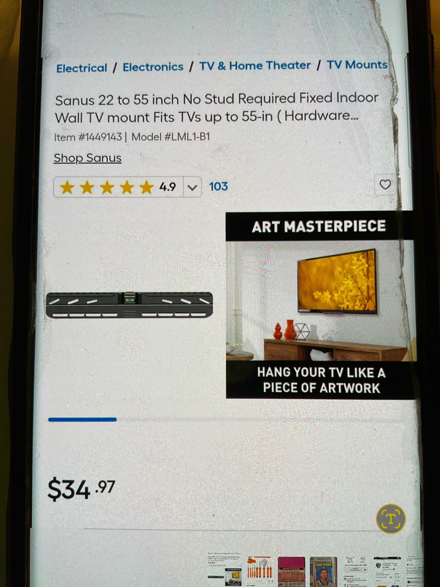 Sanus SimplySafe fixed-position TV wall mount for 22 to 55-inch TVs, no stud installation, low-profile design with safety latch