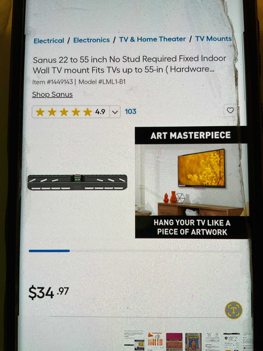 Sanus SimplySafe fixed-position TV wall mount for 22 to 55-inch TVs, no stud installation, low-profile design with safety latch