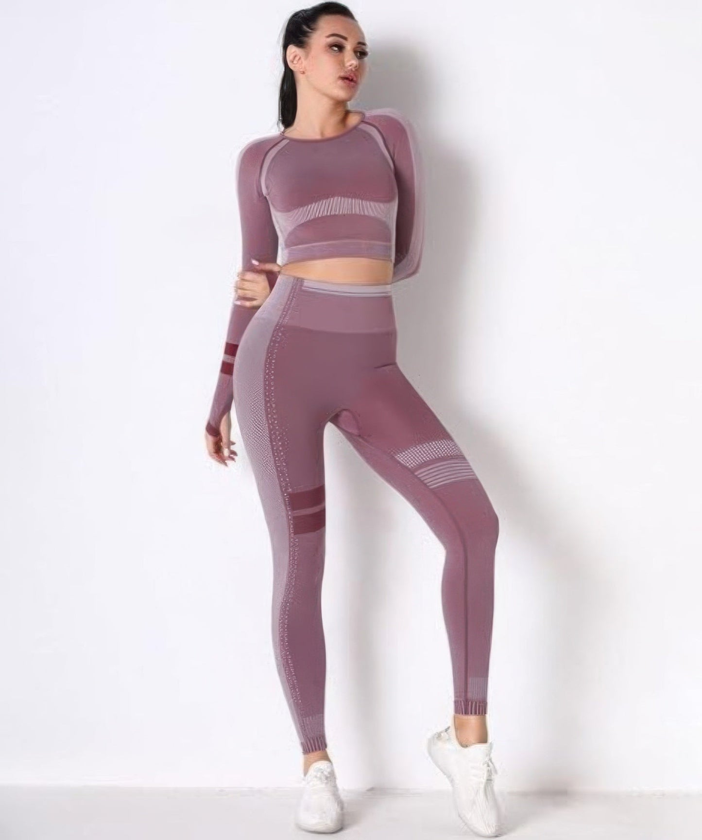 Seamless long sleeve crop top and high-waisted leggings yoga set in mauve with supportive, flexible fit