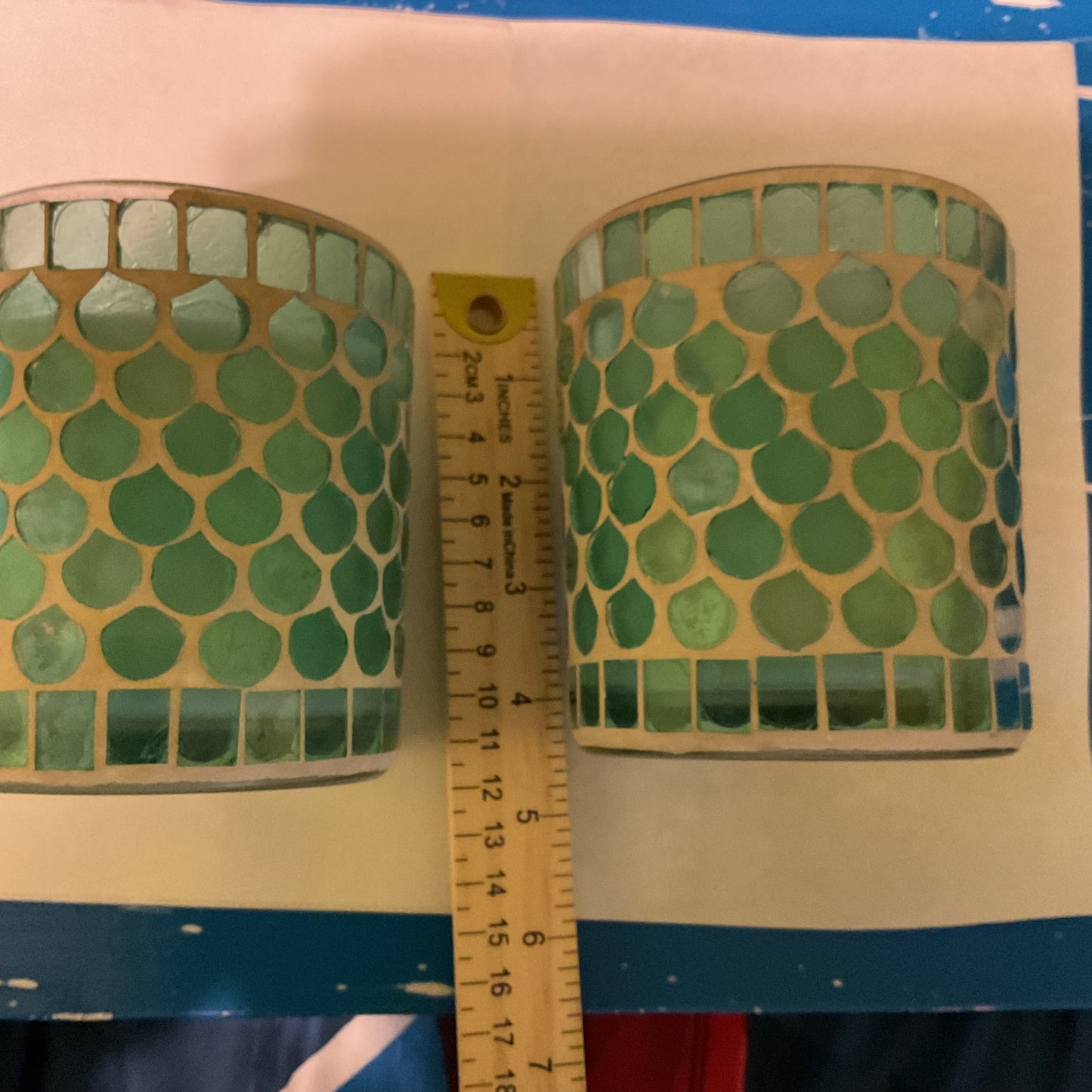 Mosaic Glass Candles – Turquoise & White (Set of 2