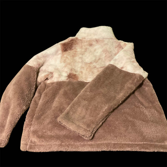 Women’s cozy color block sherpa pullover in blush pink and mauve fleece with quarter-zip and kangaroo pocket