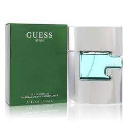 Guess Eau De Toilette spray for men with green box and silver-blue bottle, aromatic and citric fragrance.