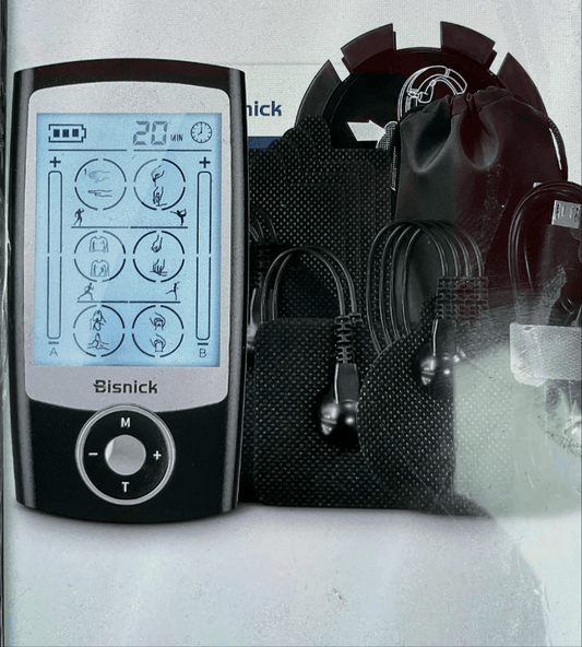 Bisnick TENS EMS digital muscle stimulator with adjustable intensity and massage modes kit including pads and carry pouch
