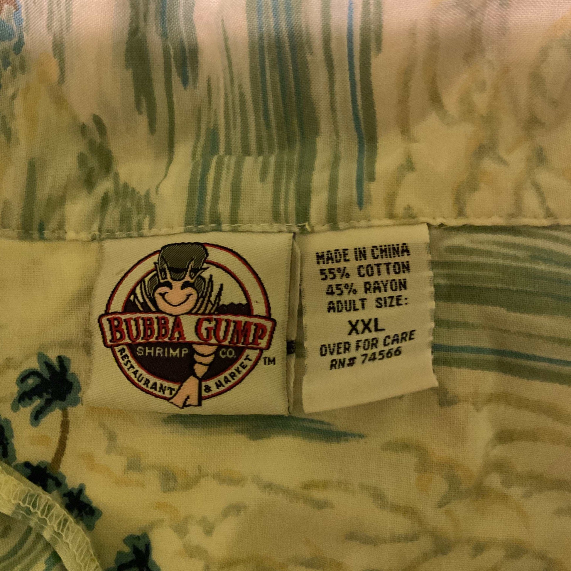Bubba Gump shirt tag showing size XXL and fabric details in good condition