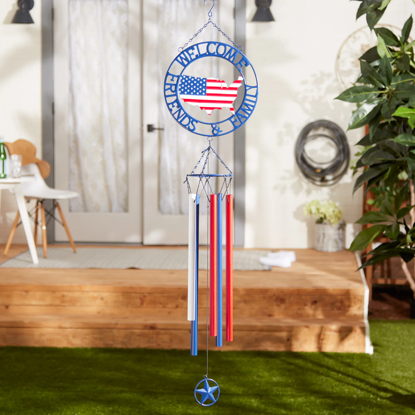 Patriotic Wind Chime Welcome Friends Family Metal USA Flag Outdoor Garden Decor