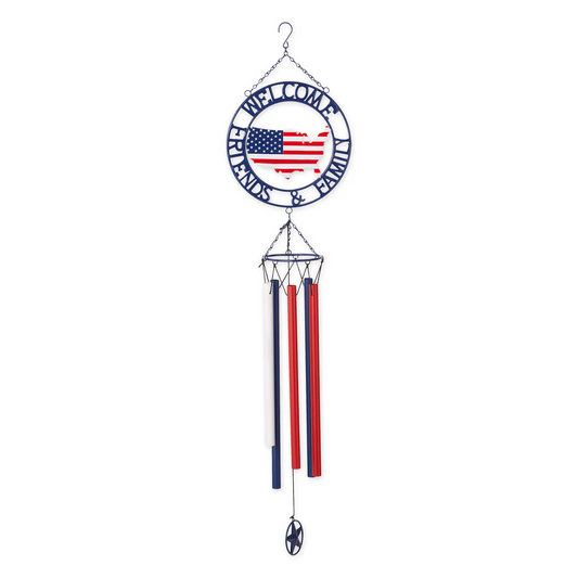 Patriotic Wind Chime Welcome Friends Family Metal USA Flag Outdoor Garden Decor