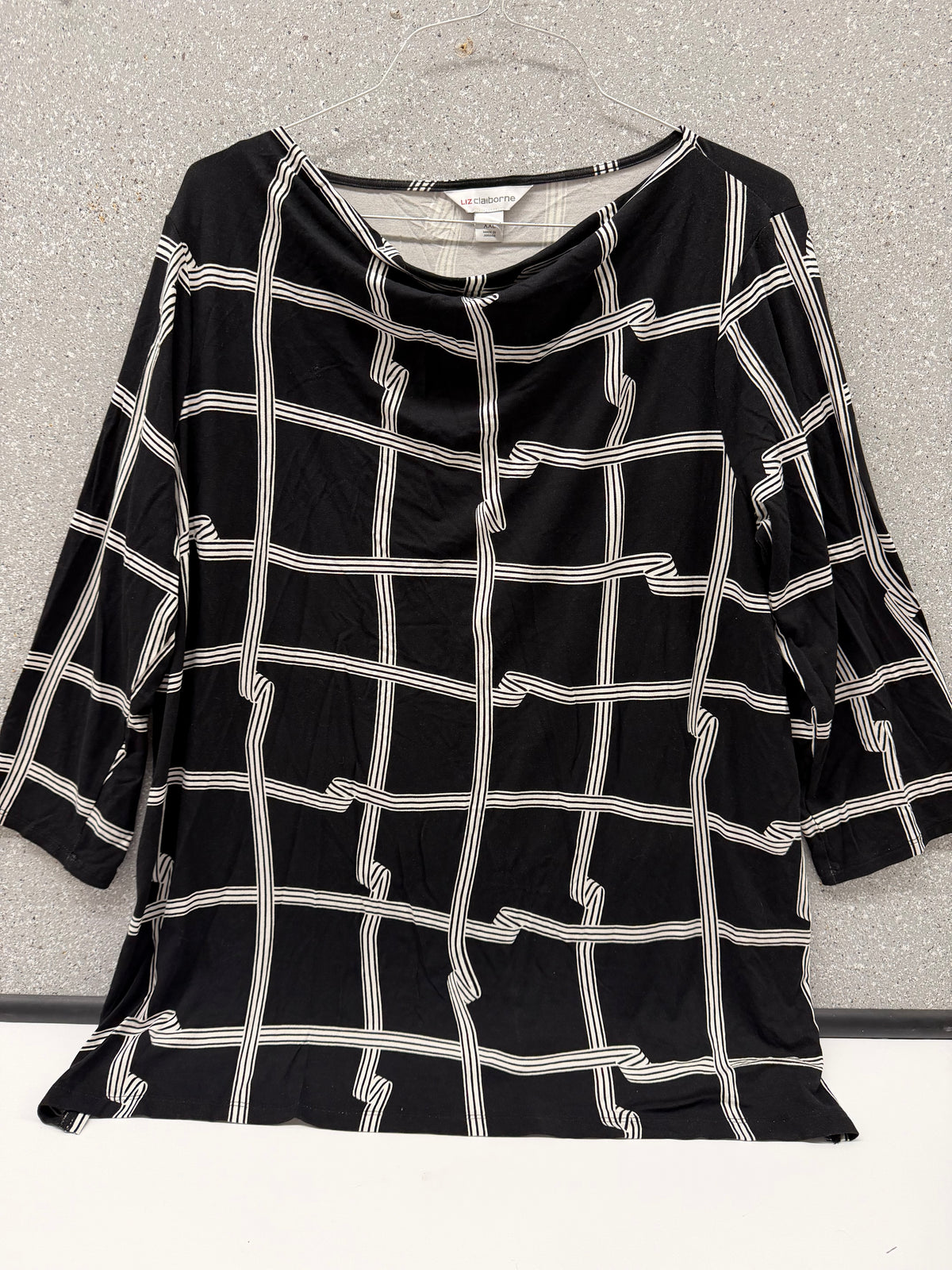 Liz Claiborne Womens XXL Black White Windowpane Top 3/4 Sleeve Rayon Stretch