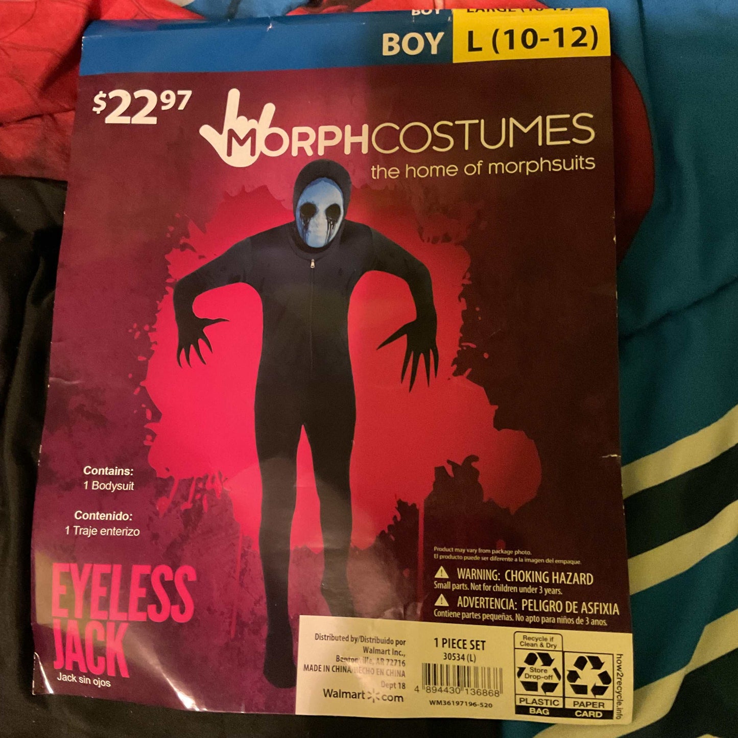 MorphCostumes Eyeless Jack Bodysuit for boys size L with full-body morphsuit and haunting mask for Halloween.
