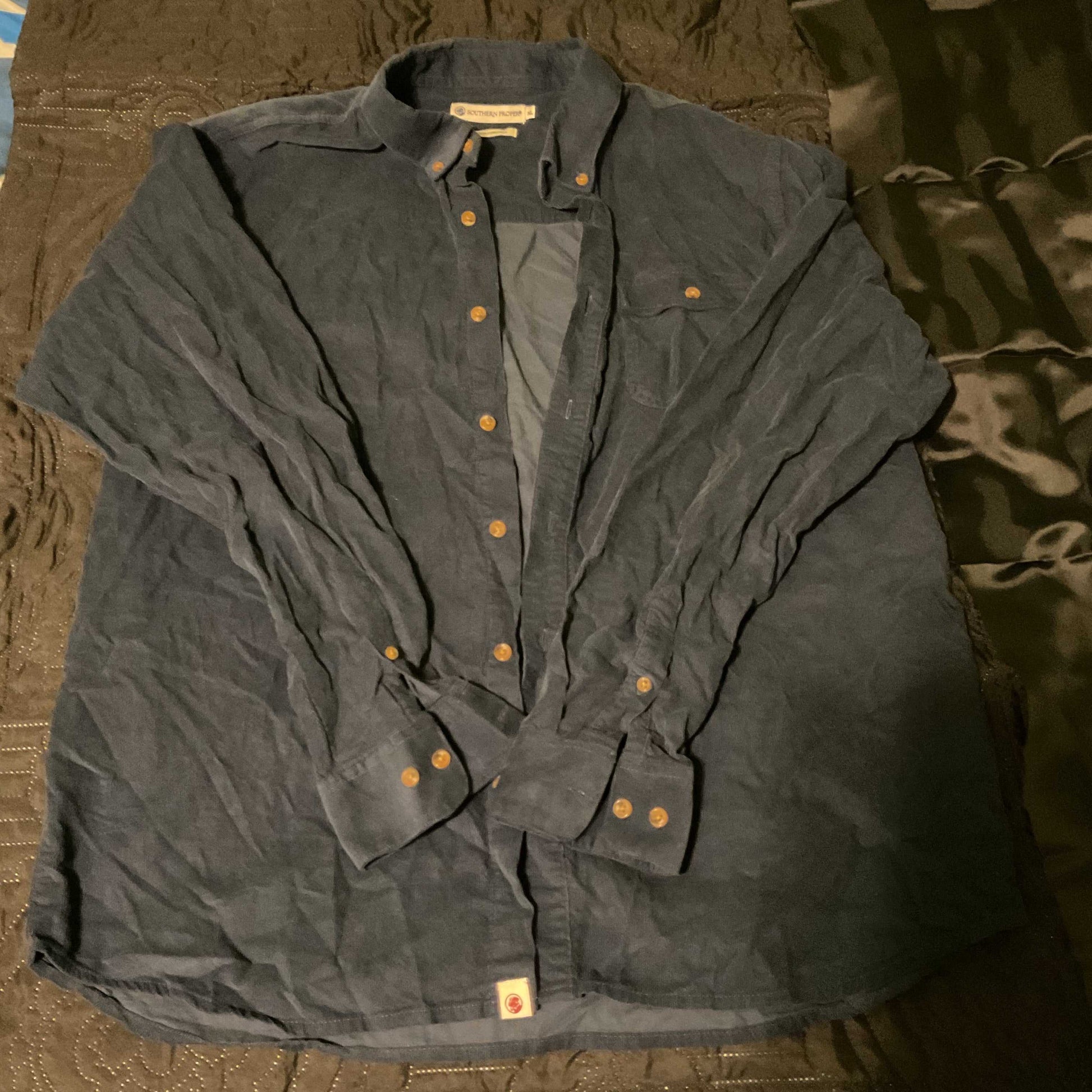 Southern Proper Canton Corduroy navy blue button-down shirt XL with chest pocket and logo tag