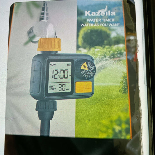 Kazella Digital Water Timer with LCD display attached to garden hose for automated irrigation control