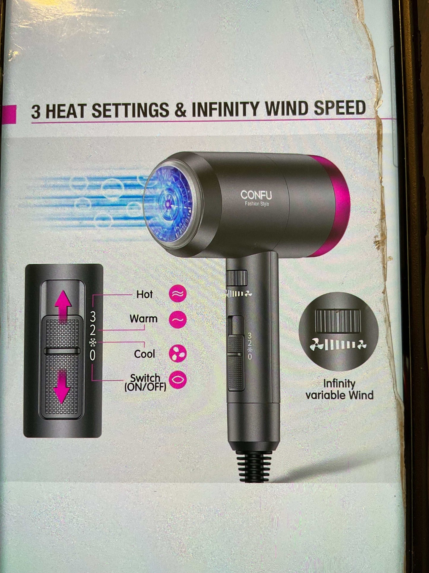 Confu 1600W hair dryer with 3 heat settings, infinity wind speed, diffuser, and nozzle attachments.