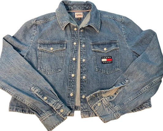 Tommy Jeans Girls’ Medium Denim Jacket Youth 10–12 Snap Button Logo Vintage Style