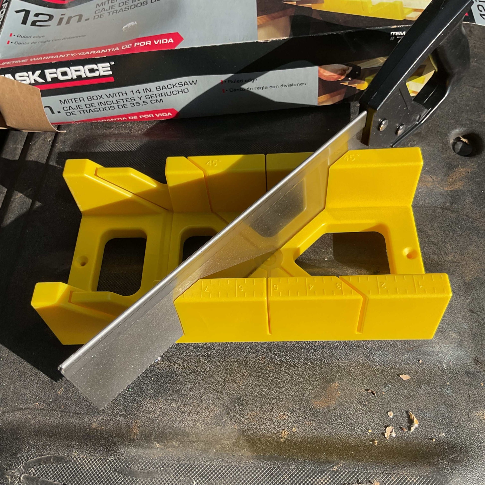 Task Force 12" yellow plastic miter box with 14" steel backsaw and comfort grip handle for precise wood cutting