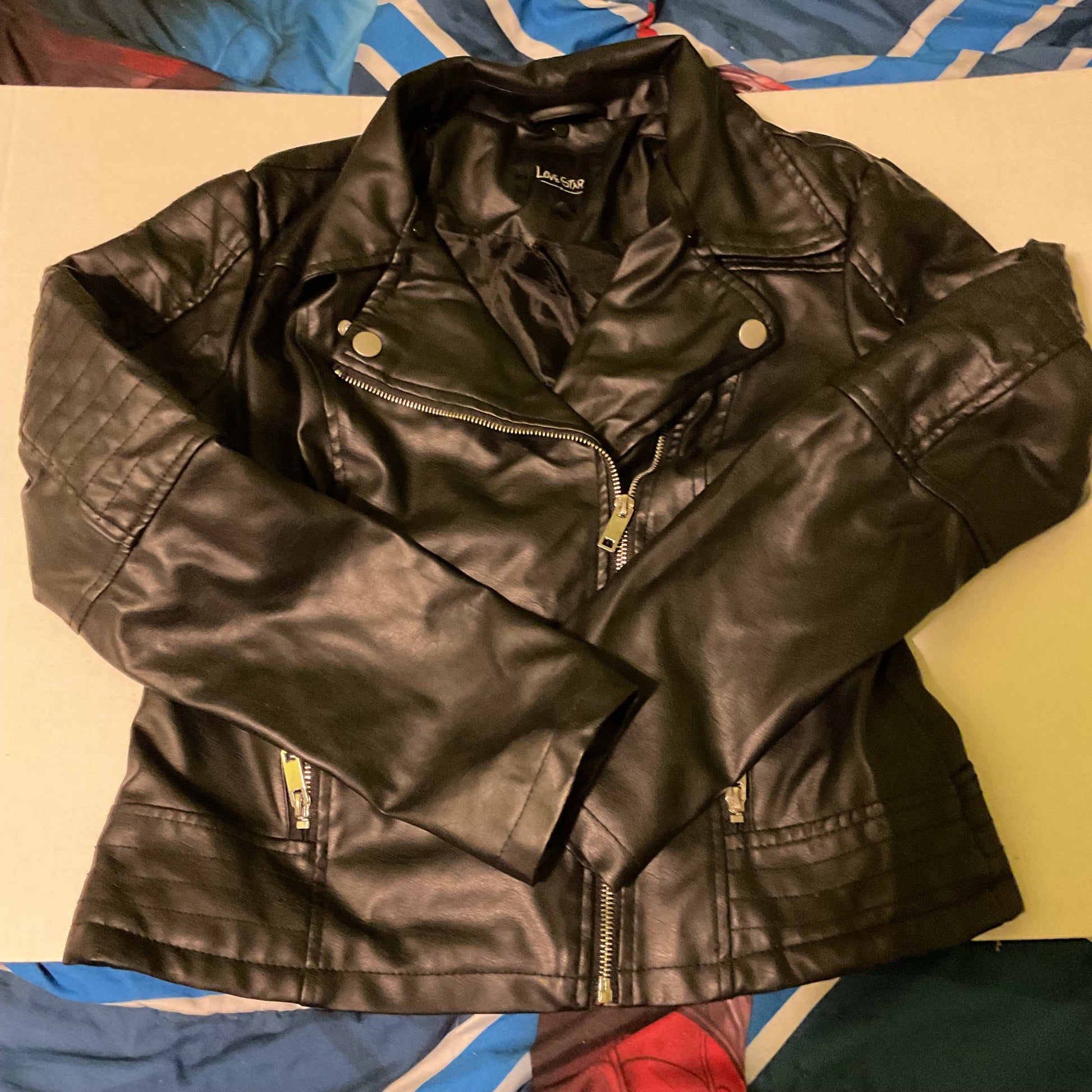 LoveStar juniors faux leather black moto jacket with quilted shoulders and silver zippers in size M