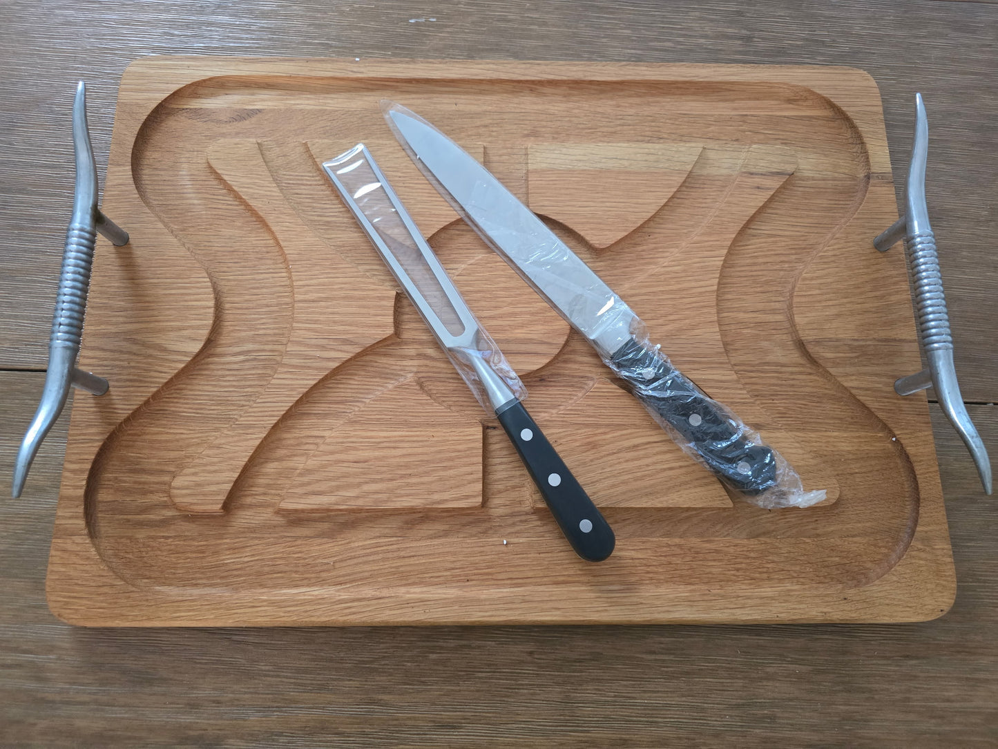 Wood Carving Board Set with Stainless Steel Knife & Fork – Serving Tray with Handles