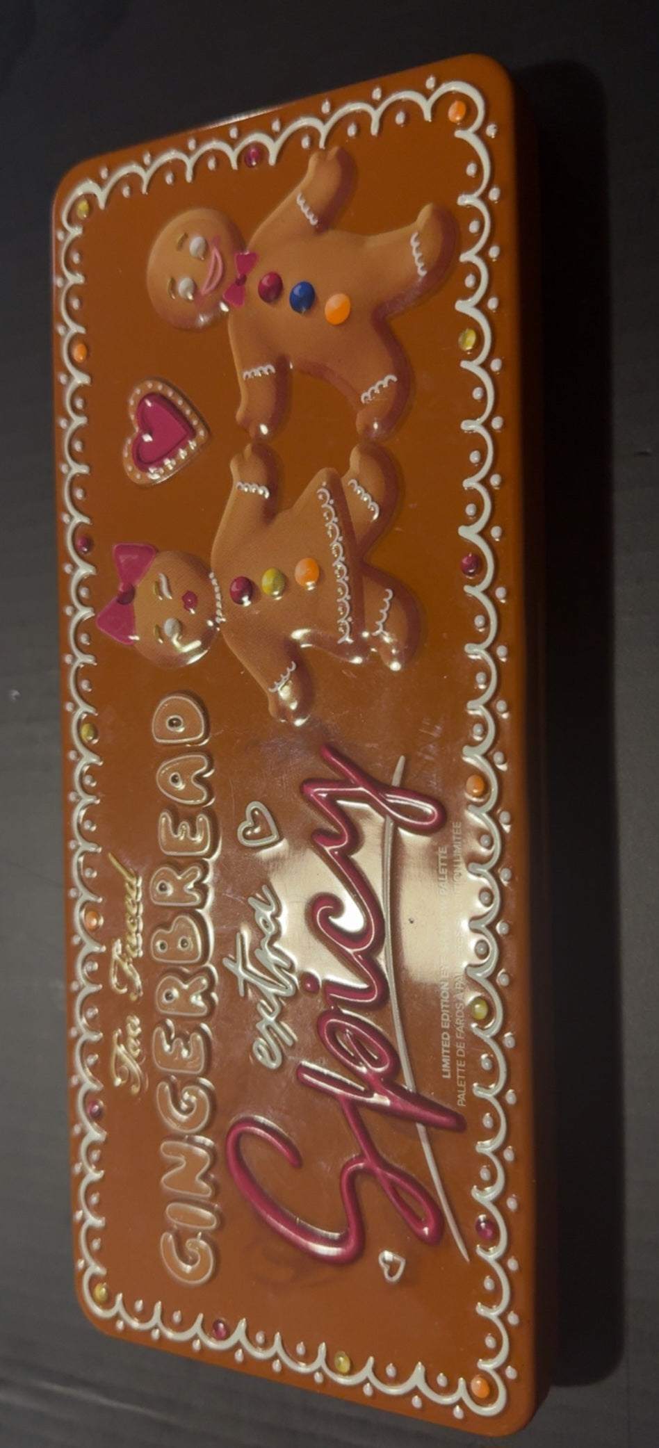 Too Faced Gingerbread Extra Spicy Eyeshadow Palette limited edition holiday warm neutral shades in gingerbread tin