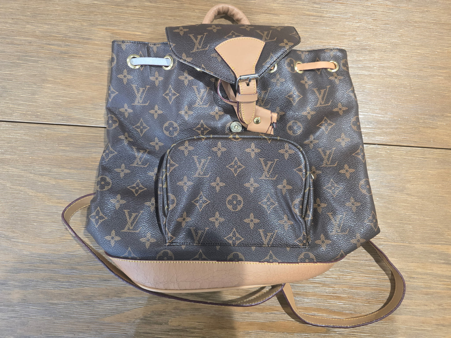 Brown Monogram Drawstring Backpack with Front Zip Pocket