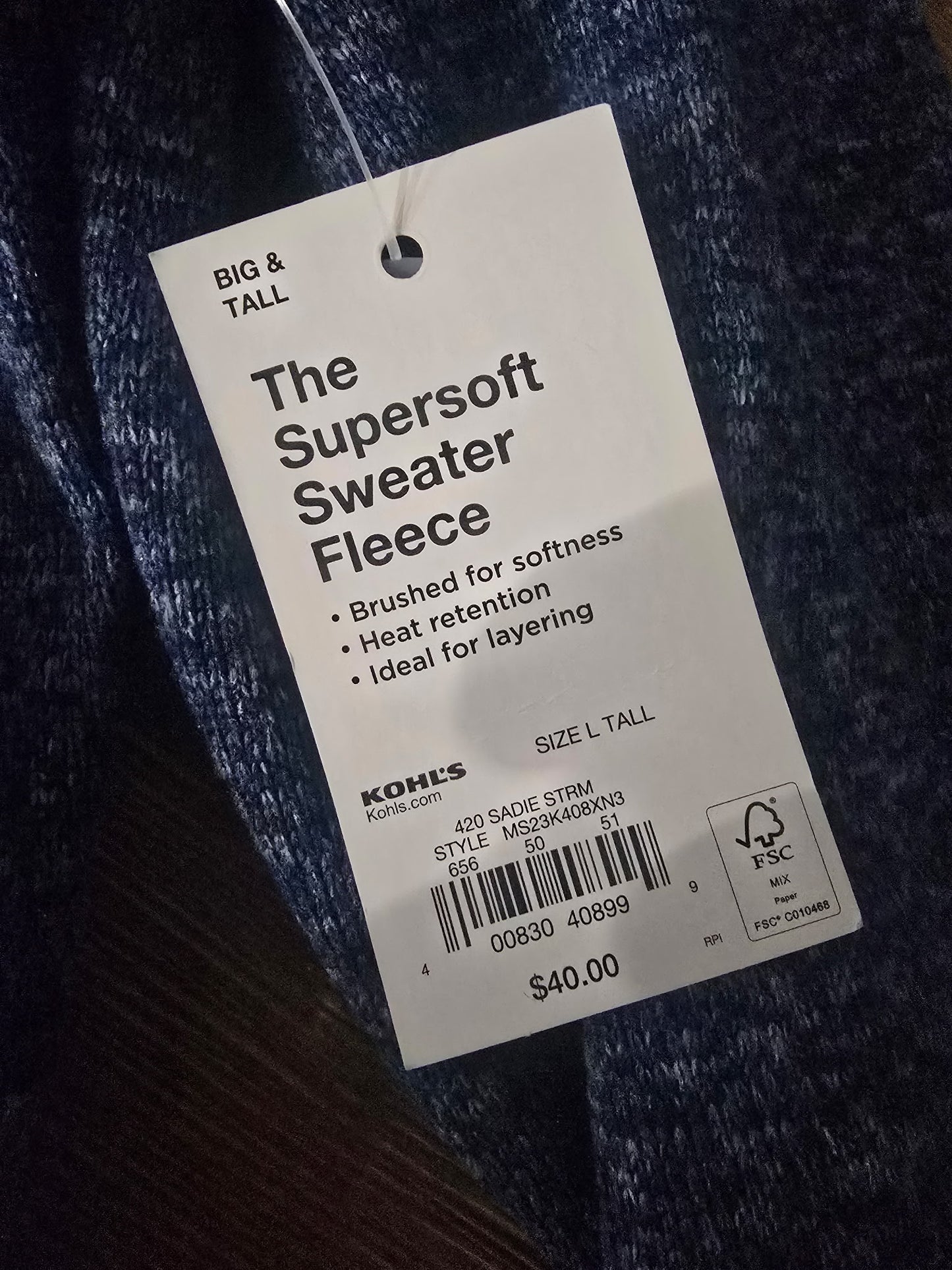 Sonoma Goods for Life Supersoft Sweater Fleece Jacket – Blue Heather – Size L Tall – New with Tags