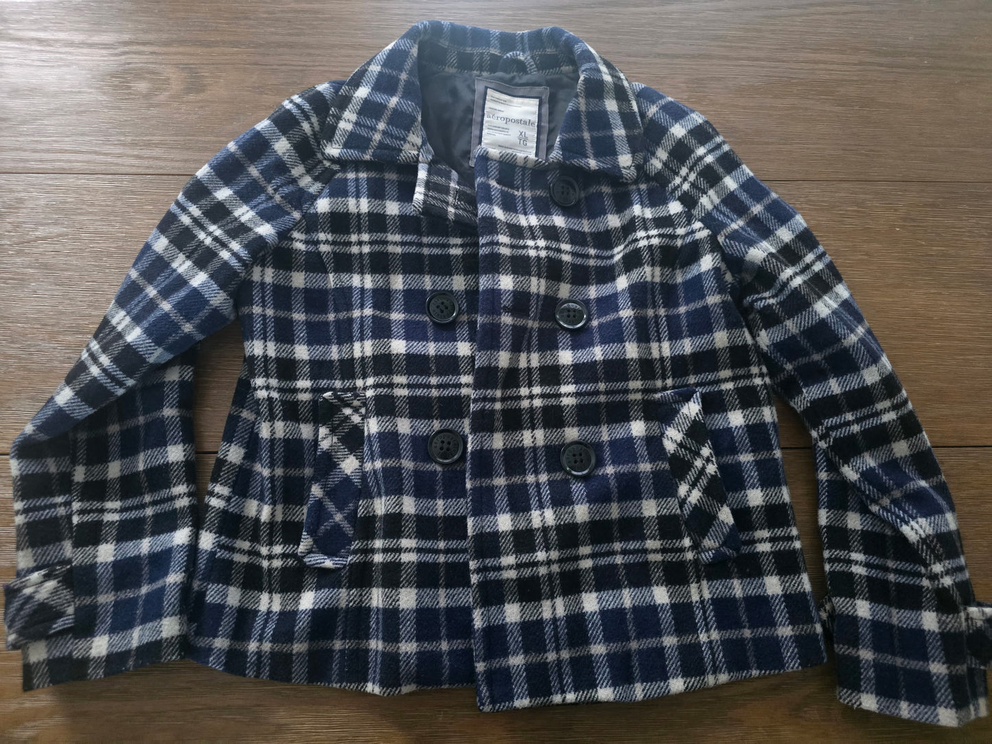 Aeropostale Wool-Blend Plaid Peacoat – Navy, Black & White (Women’s XL)