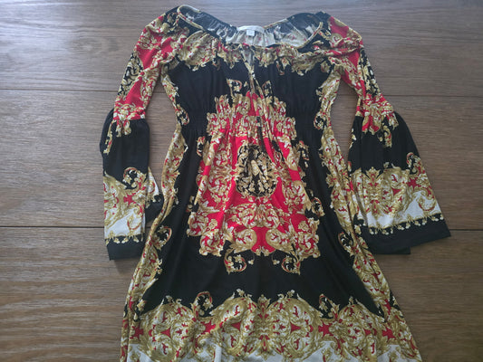 Boston Proper Baroque Print Off-Shoulder Dress – Red, Black & Gold (Size 6)