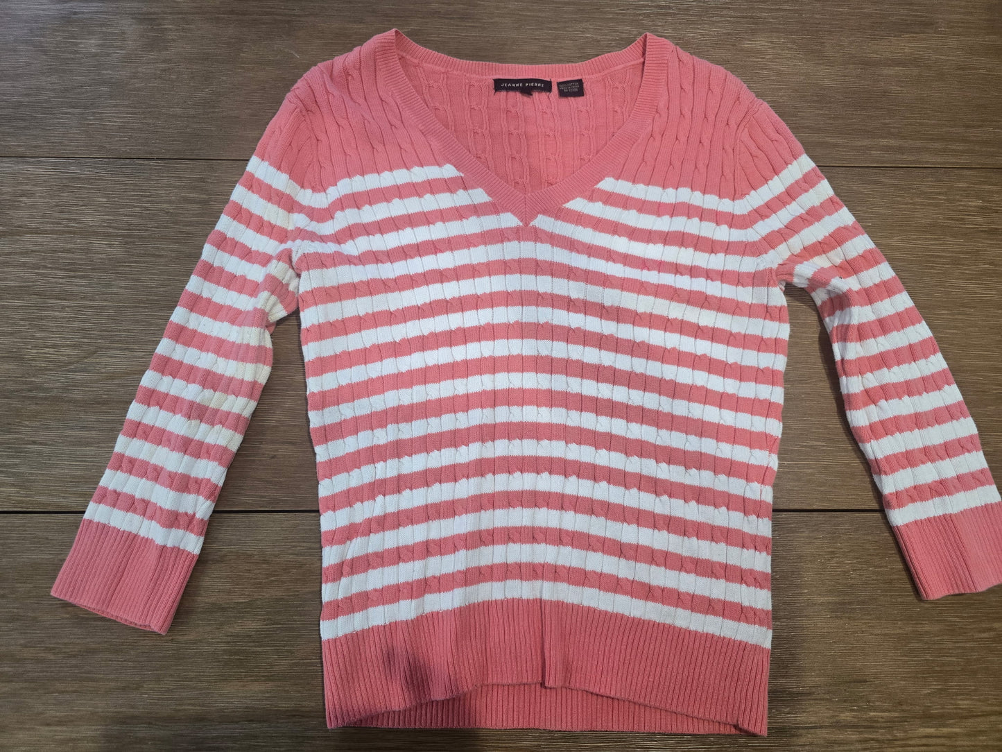 Jeanne Pierre Women’s Small Pink White Stripe Cotton V-Neck Sweater