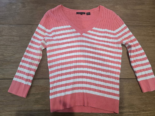 Jeanne Pierre Women’s Small Pink White Stripe Cotton V-Neck Sweater